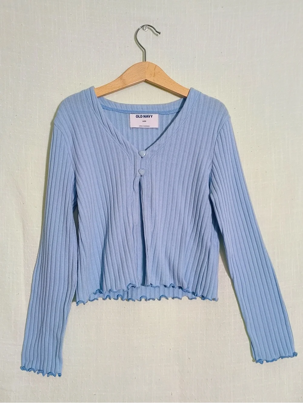 Old Navy Girls Blue Ribbed Heart Button Cropped Cardigan Size 8